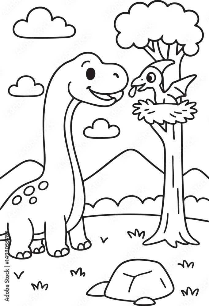 Fototapeta premium Cute Cartoon Dinosaurs in Prehistoric Landscape for Coloring Book