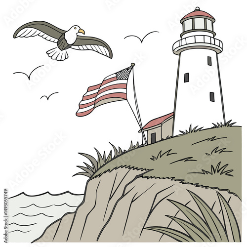 A white lighthouse tower, a beacon of safety on the coast, stands tall against the blue sea and sky