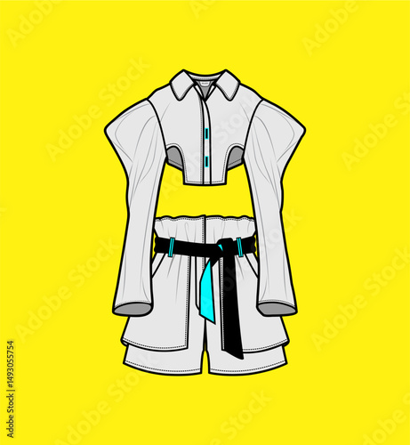 Trendy Cropped Shirt and High-Waisted Shorts Fashion Illustration
