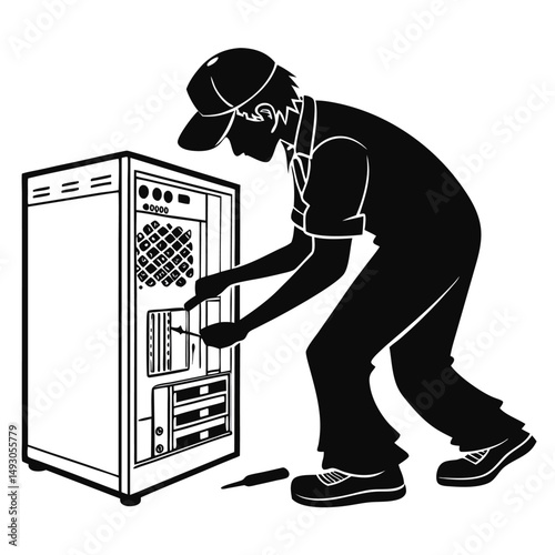 Computer Repair Technician Working on a Desktop Computer in Monochrome Illustration