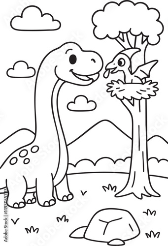 Cute Cartoon Dinosaurs in Prehistoric Landscape for Coloring Book