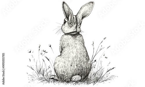 Vintage animal line art, monochrome engraving, rabbit sitting in meadow, rustic wildlife etching, hand-drawn fauna illustration, nature print for home decor, black sketch, old engraving style