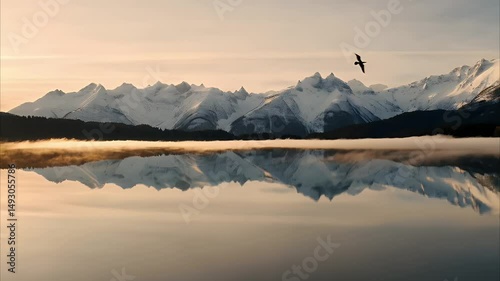majestic bird soaring gracefully over mountain and lake