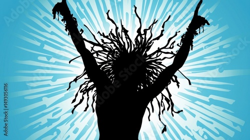 Silhouette of a Figure with Raised Arms Against a Dynamic Light Blue Radial Background