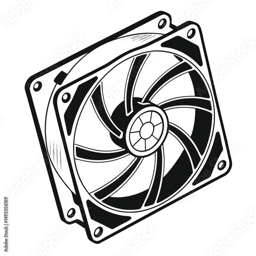 Detailed monochrome illustration of a computer fan cooling system hardware design