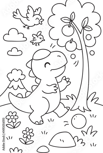 Cute Cartoon Dinosaurs in Prehistoric Landscape for Coloring Book