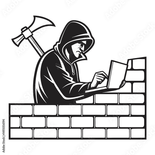 Determined Hacker with Axe Breaking Firewalls, Cyber Security Threat Vector Design