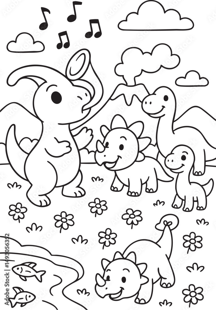 Obraz premium Cute Cartoon Dinosaurs in Prehistoric Landscape for Coloring Book
