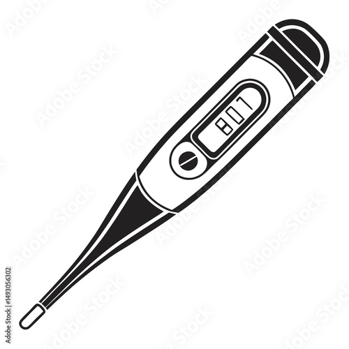 Digital thermometer shows a reading in a simple black and white illustration