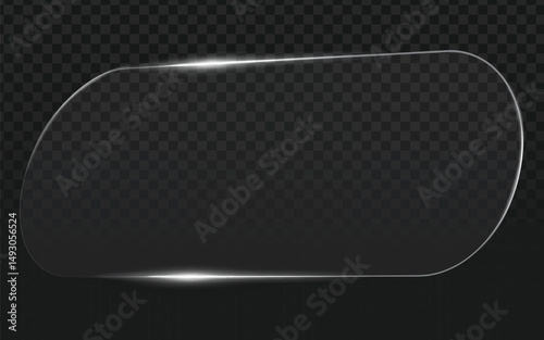 Realistic vector graphic of a horizontal clear glass or plastic panel with rounded corners and highlights. Isolated object perfect for overlays, screens, UI elements, or design projects.