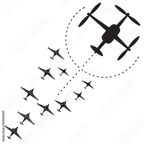 Drone guiding formation of fighter jets along a designated flight path vector
