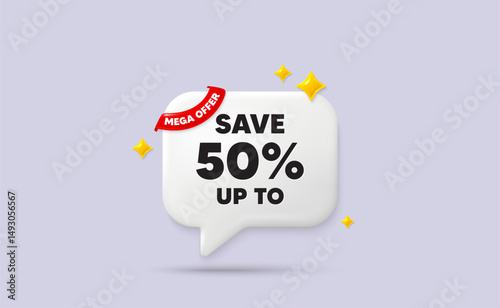 Discount chat speech bubble. Mega offer flag ribbon. Save up to 50 percent tag. Discount Sale offer price sign. Special offer symbol. 3d sparkle stars speech bubble. Vector