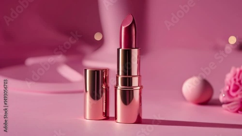 Rose Gold Lipstick on Pink Background Soft Lighting Minimalist Product Shot ecommerce product for ads shoot created with generative ai
