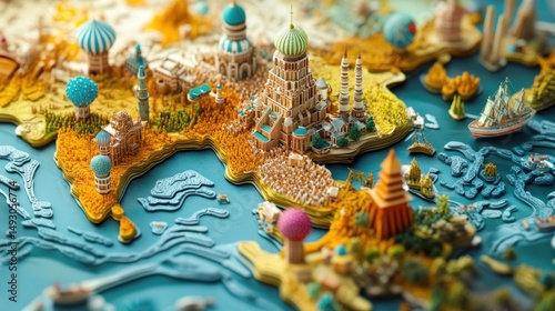 World map, miniature cities, diverse cultures