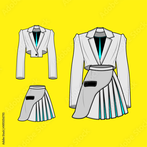 Stylish Cropped Blazer and Pleated Skirt Fashion Illustration
