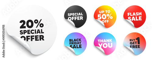 Discount sticker tag. Special offer paper price tags. 20 percent discount offer tag. Sale price promo sign. Special offer symbol. Discount, black friday sticker. Promo banner. Vector