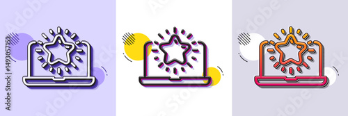 Best laptop line icon. Halftone dotted pattern. Gradient icon with grain shadow. Notebook with star sign. Computer top review symbol. Line best laptop icon. Various designs. Vector