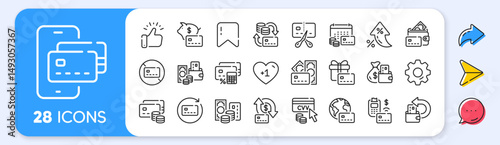 Credit card line icons. Interest rate, AI generate, Inflation icons. Payment card terminal, bankrupt and contactless pay set. Bank atm exchange, cut credit card and CVV code line icons. Vector
