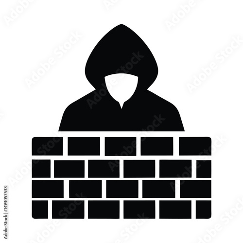 Hooded figure lurking behind a brick wall, a symbol of internet security