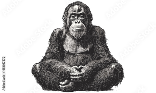 Orangutan Sitting Cross-legged, Vintage Primate Drawing, Hand-drawn Illustration in Old Engraving Style, Rustic Wildlife Art, Antique Wall Decor, Black Sketch Effect, trendy animal art print