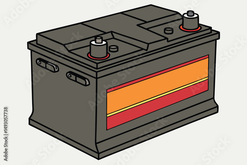 76 a dark metal battery with bright orange and red bands, sleek industrial design, high contrast, sharp details, 3d render