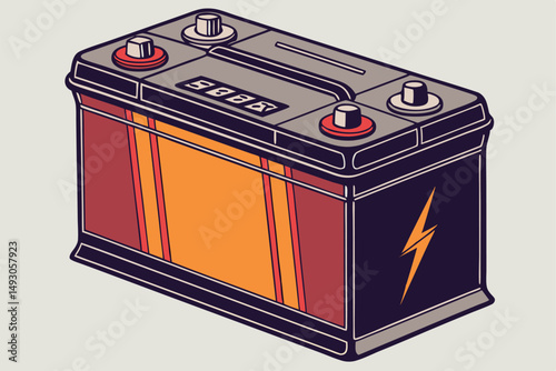 76 a dark metal battery with bright orange and red bands, sleek industrial design, high contrast, sharp details, 3d render
