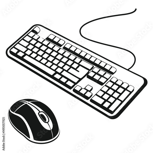 Illustration of a black and white keyboard and a computer mouse