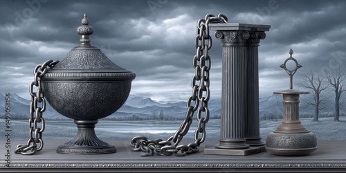 A dark setting with metaphoric chains being broken representing emotional growth