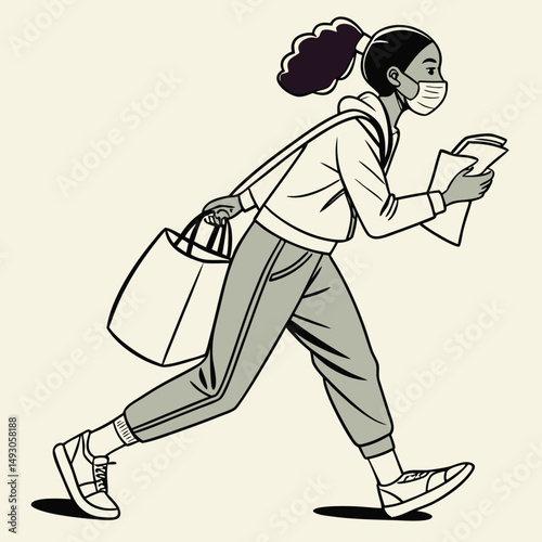 Urban Rush Hour: A vibrant illustration of a young woman rushing through the city streets with a bag and reading materials, masked against the urban chaos.  