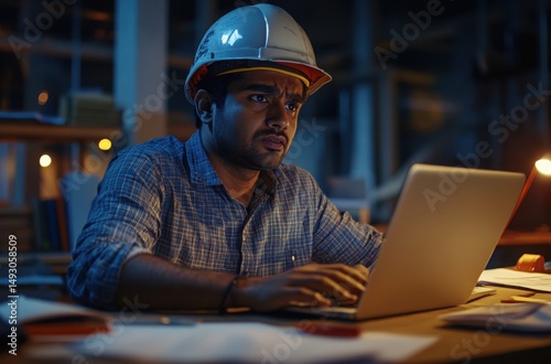 An Indian construction worker wearing a safety helmet, sitting at a desk in an office