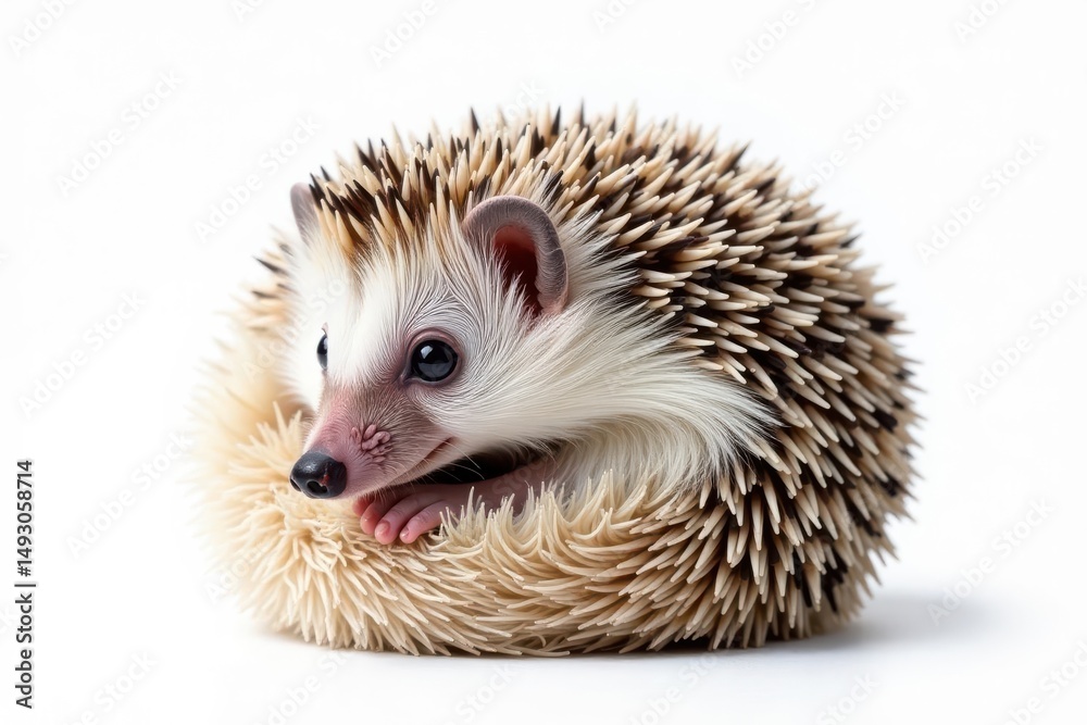 Obraz premium Tiny hedgehog curled in a ball, isolated on pure white background, minimalist, mammal