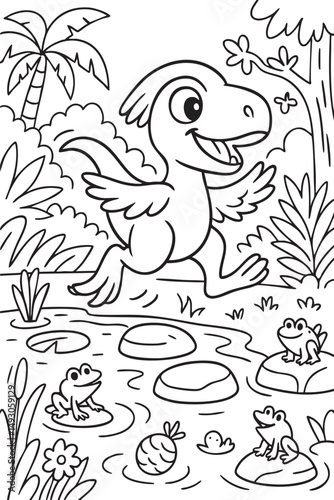 Cute Cartoon Dinosaurs in Prehistoric Landscape for Coloring Book