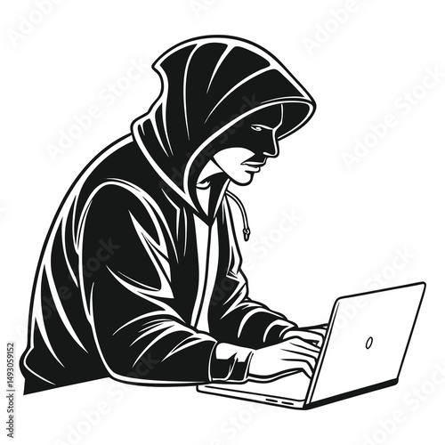 Monochromatic hacker illustration of a hooded person using a laptop computer