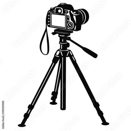 Monochromatic illustration of a digital camera mounted on a tripod stand