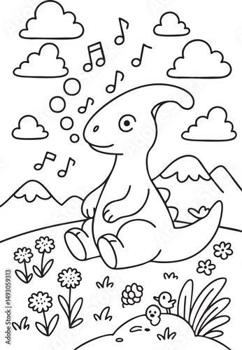 Cute Cartoon Dinosaurs in Prehistoric Landscape for Coloring Book