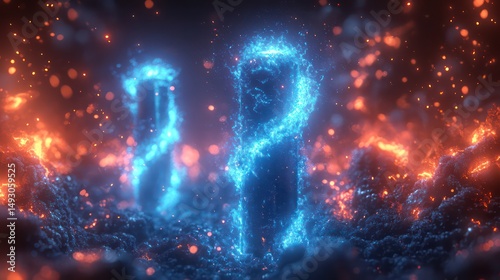 Blue electric spark jumps between metal poles, glowing vibrantly with crackling energy.

