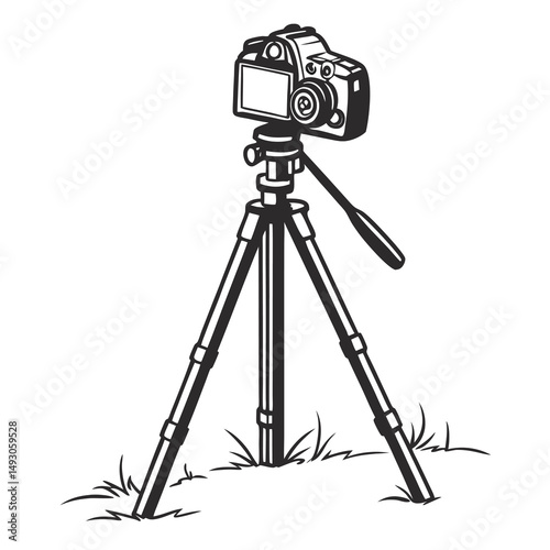 Monochrome illustration depicting a camera mounted on a tripod in a field