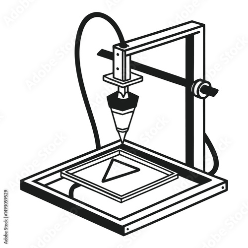 Monochrome Illustration of a 3D Printer Creating a Triangular Object on a Platform