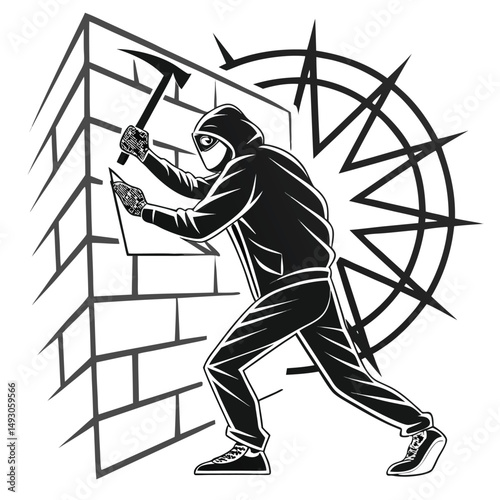 Monochrome Illustration of a Burglar Breaking Through a Brick Wall with a Hammer