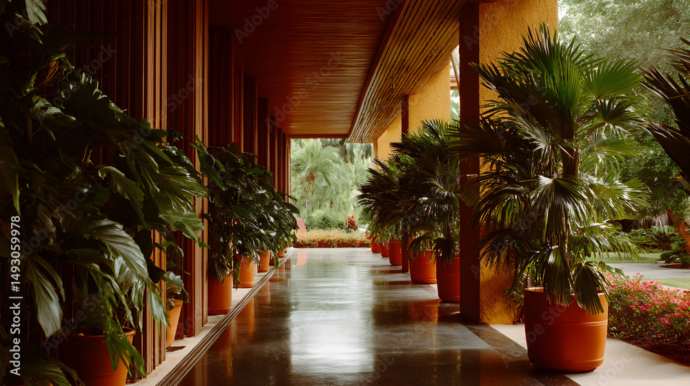Fototapeta premium An elegant walkway lined with potted plants creates a tranquil indoor outdoor transition space