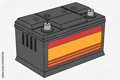 76 a dark metal battery with bright orange and red bands, sleek industrial design, high contrast, sharp details, 3d render
