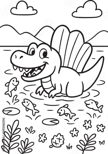 Cute Cartoon Dinosaurs in Prehistoric Landscape for Coloring Book