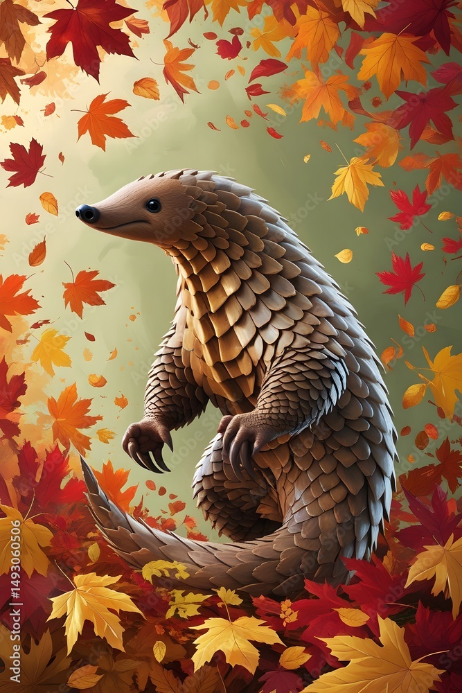 Obraz premium Autumn Wildlife Concept Featuring Pangolin and Natural Tree Textures – Premium Visual for Conservation and Animal Protection Themes