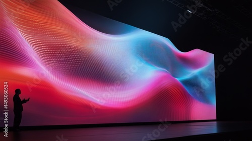 pharmaceutical CEO on stage at industry event, delivering keynote with futuristic tech visuals, spotlight,
