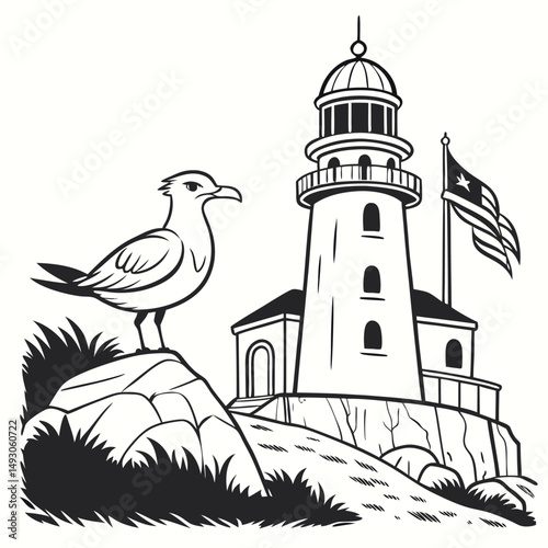Seagull Watch and Lighthouse : A detailed illustration showing a serene coastal scene, featuring a vigilant seagull perched on a rocky outcrop.