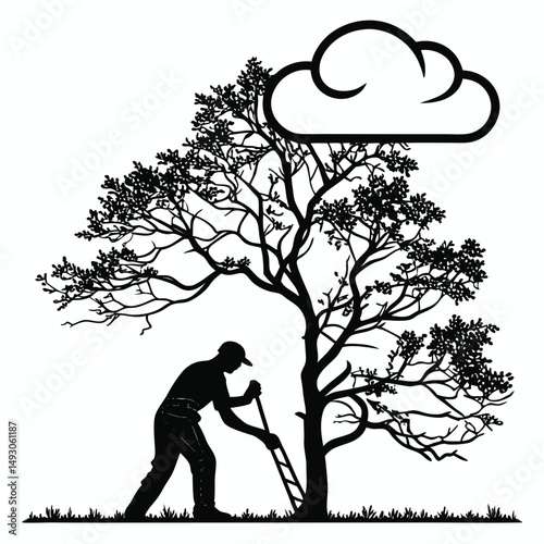 Silhouette of a Farmer with a Tree and Cloud Illustration
