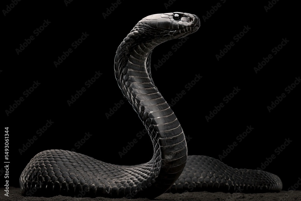 Fototapeta premium Majestic Black Cobra: Dramatic Monochrome Reptile Portrait