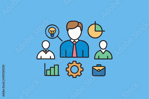 Businessman icons portray a diverse set of business people, illustrating concepts of communication, success, and ideas through various symbols and cartoon vectors