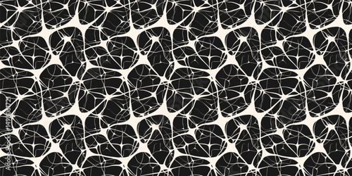 Vector abstract seamless pattern with neurons, brain cells, nerves, organic shapes. Simple monochrome illustration of neural network, net, grid, bionics. Black and white background. Endless texture