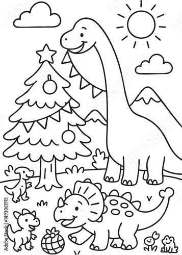 Cute Cartoon Dinosaurs in Prehistoric Landscape for Coloring Book